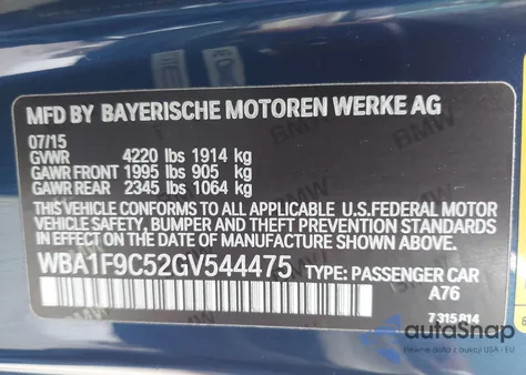 2016 BMW 228 I Sulev из США, поврежденный, VIN WBA1F9C52GV544475